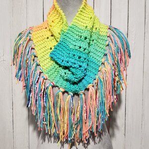 NEW Hand Knitted Boho Cowl Infinity Scarf Fringe Boho Whimsy Festival Indie